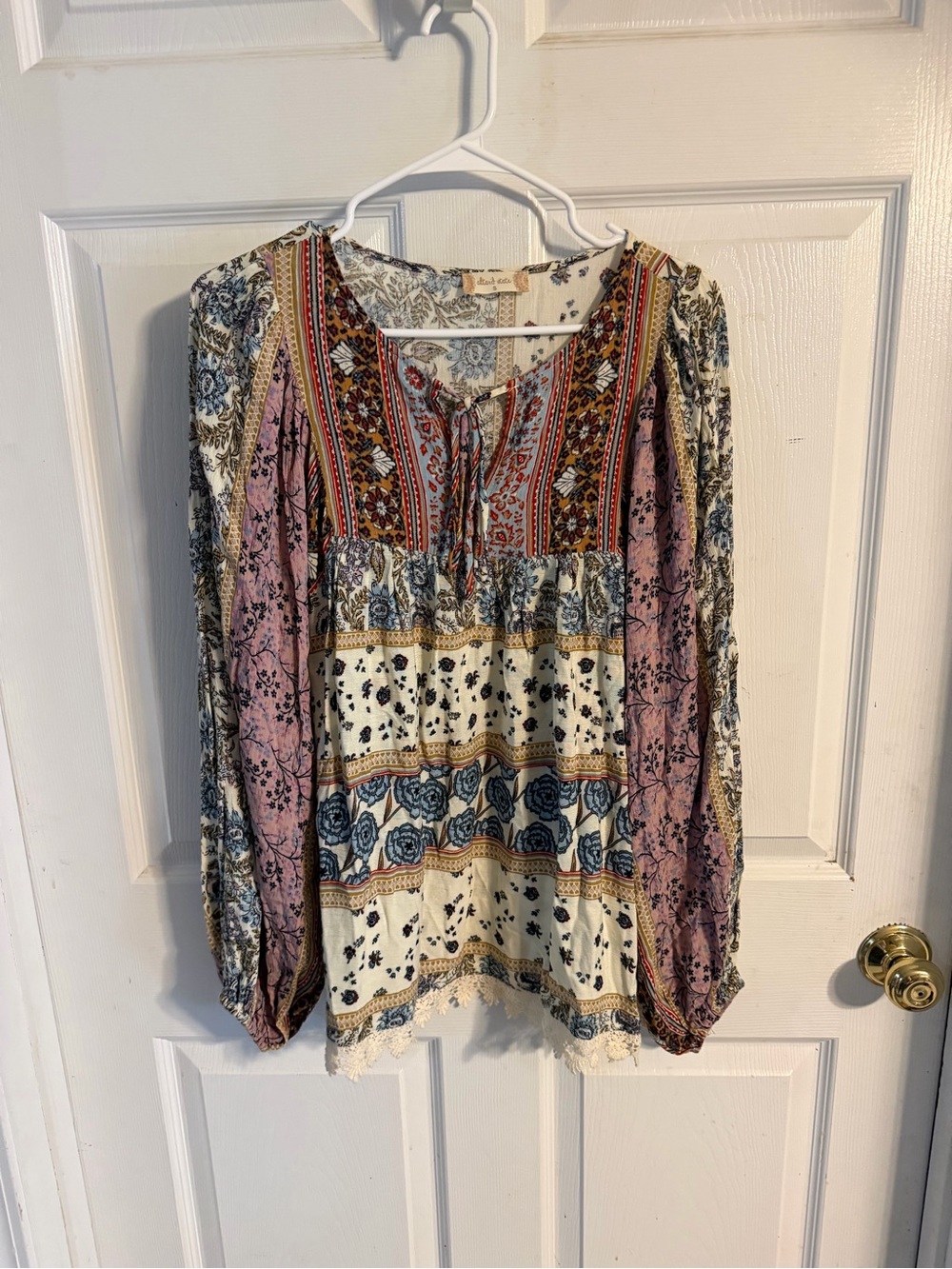 Altar'd State Patchwork Boho Peasant Blouse - Cream, Pink & Blue